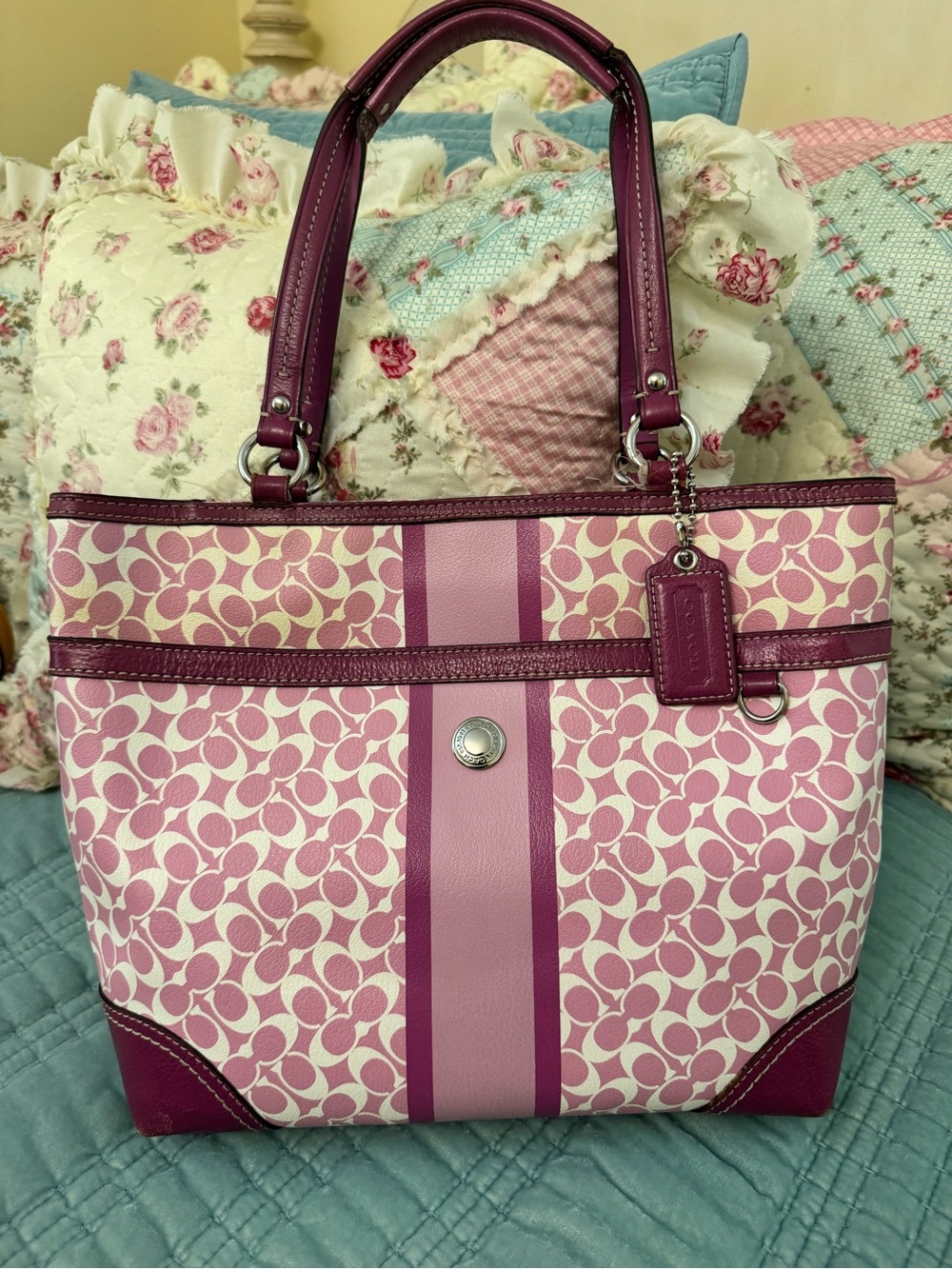 Coach Pink Signature Stripe Tote Bag with Berry Trim